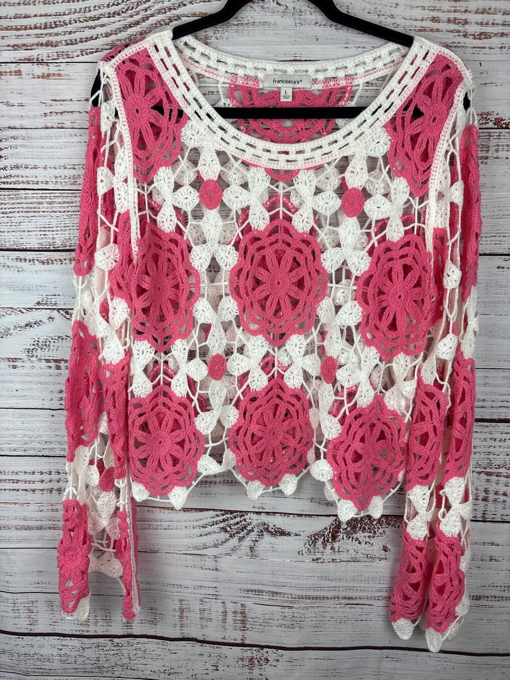 Francescas Pink White Crochet Floral Bell Sleeve Sweater Boho Coquette Womens L